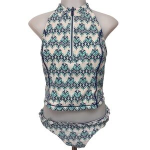 Vineyard Vines REVERSIBLE Top and bottoms GEOWAVE Print Navy Blue Aqua Ruffle